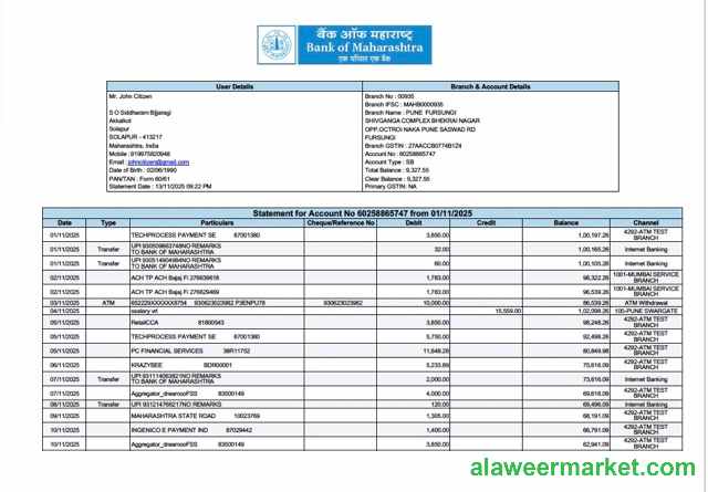 India Bank of Maharashtra statement for account Word and PDF template